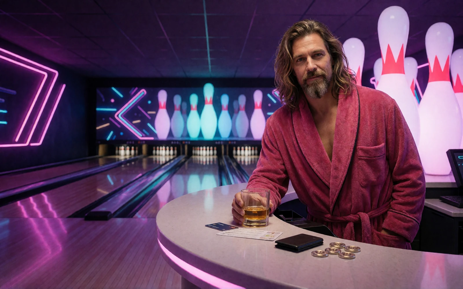 The Dude im rosa Bademantel an der Neon-Kasse mit Paysafecard, Karten und Krypto-Zahlungsoptionen