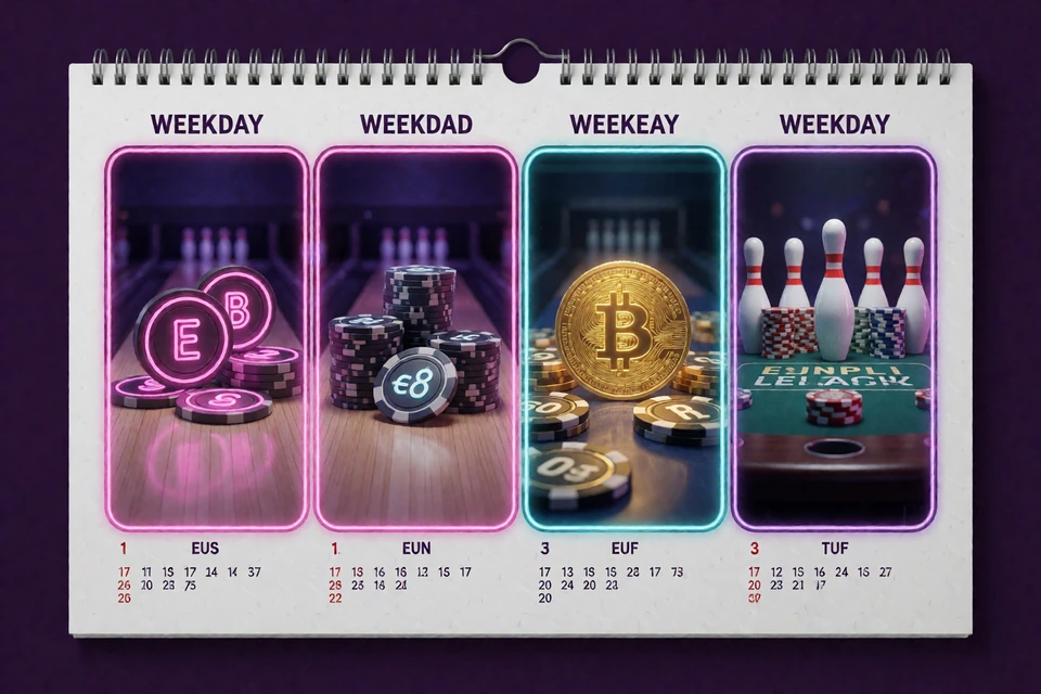 Neon-Aktionskalender zeigt Weekly Reload, Weekend Reload, Krypto-Bonus und Live Cashback