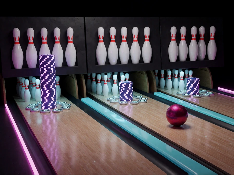 Drei Neon-Bowlingbahnen zeigen die gestaffelten Einzahlungen und Freispiele des DudeSpin Bonus