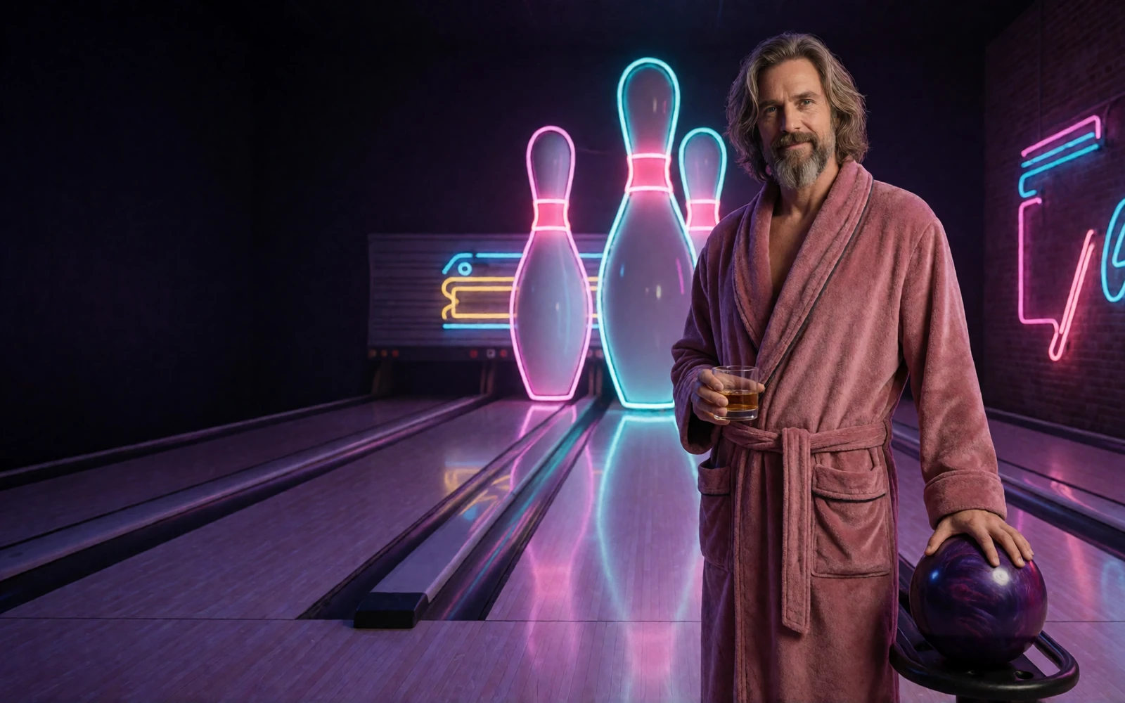 The Dude im rosa Bademantel erkl&auml;rt in einer Neon-Bowlinghalle den DudeSpin Bonus 2026