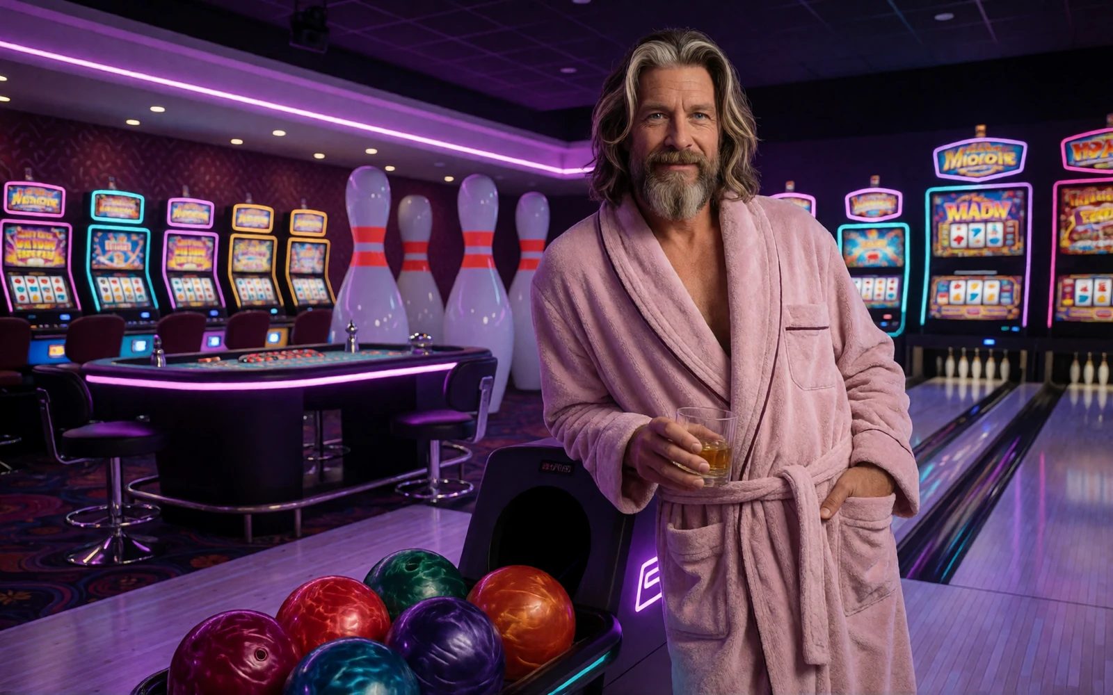 The Dude im rosa Bademantel vor Slots und Bowlingbahnen in der DudeSpin Spielebibliothek