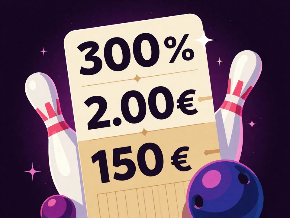 Bowling-Punktekarte mit 300 Prozent, 2.000 Euro und 150 Freispielen im DudeSpin Willkommensbonus