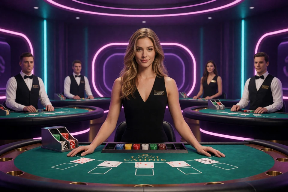 Live-Casino-Lobby mit Dealerin und mehreren Neon-Tischen im DudeSpin Casino