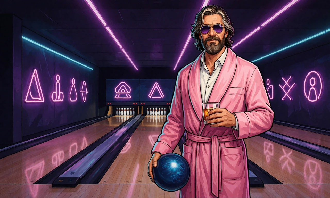 The Dude im rosa Bademantel mit Bowlingkugel in einer Neon-Bowlinghalle f&uuml;r das Online Casino Deutschland